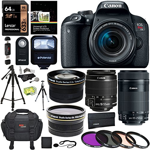 Canon-EOS-REBEL-T7i-EF-S-18-55-IS-STM-Kit-EF-55-250mm-II-Lexar-64GB-Polaroid-Wide-Angle-Telephone-Lens-Polaroid-72-Tripod-and-Accessory-Bundle