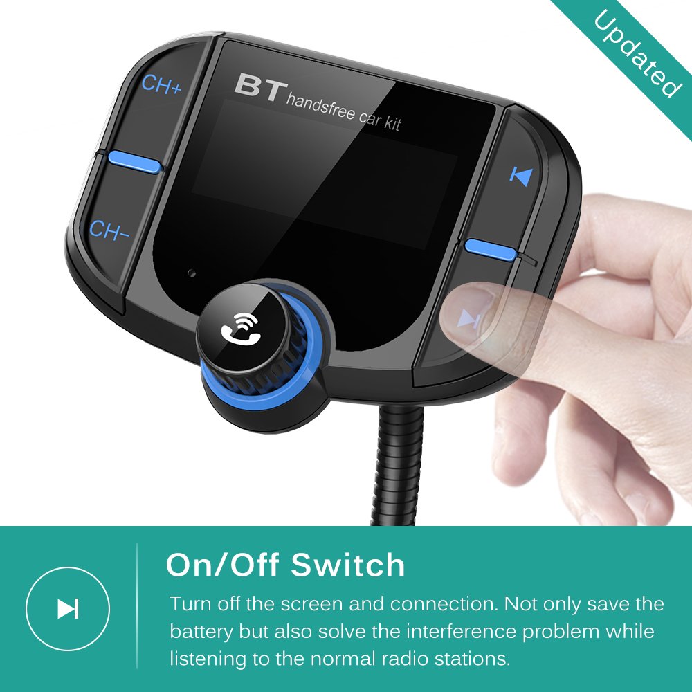 [2018 Version]Bluetooth 4.2 FM Transmitter, CHGeek Quick Charge 3.0 and Smart 2.4A Dual USB Car Charger, Wireless Radio Audio Adapter Handsfree Calling Car Kit 1.7 Inch Display with On Off Switch, TF card MP3 Player Aux Input (Work with Sir