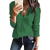 Dellytop Womens V Neck Waffle Knit Shirts Long Sleeve Loose Fitting Warm Tee Tops Sweaters Pullovers