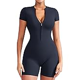 YEOREO Women Short Sleeve Workout Jumpsuit Zip Up Romper Bottom Shorts Bodysuit Bodycon Sexy One Piece