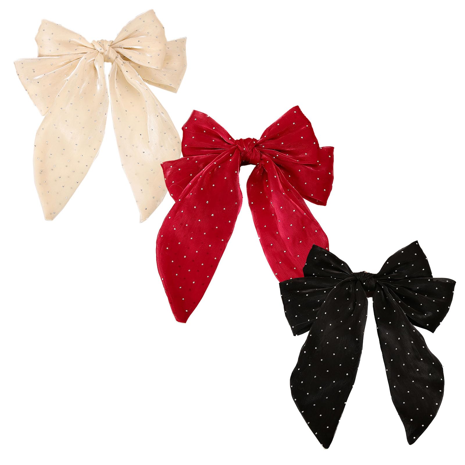 Golden Apple 3 Pcs Rhinestone Big Bow Hair Clips Glitter French Bowknot Barrette Spring Clips for Women (Beige+Black+Red)
