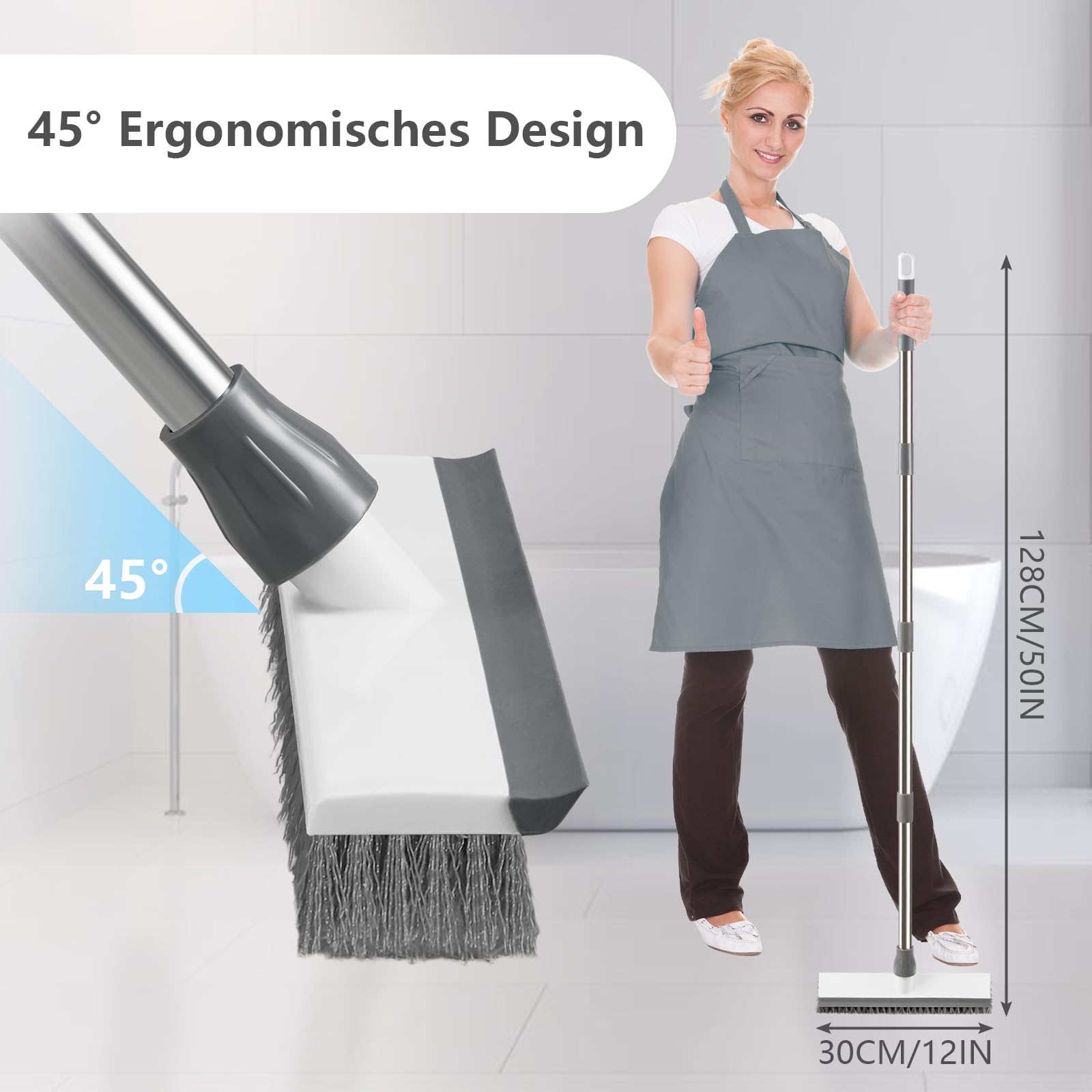 Mitclear Boden-Scheuerbürste mit Stiel(128cm), Schrubber Terrasse mit steife Borsten & Gummiabzieher, Terrassenreiniger, Scheuerbürste für die Reinigung von Fliesen, Balkon, Küche, Bad, Dusche, Garage 4