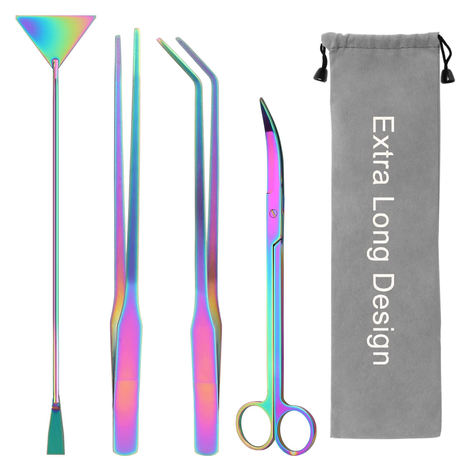 38cm Extra Long Aquarium Aquascape Kits, 4 in 1 Anti-Rust Aquatic Plant Aquascaping Tool Stainless Steel Tweezers Scissors Spatula for Aquarium Tank Clean Fish Tank Aquascape Tools Sets (Colorful)