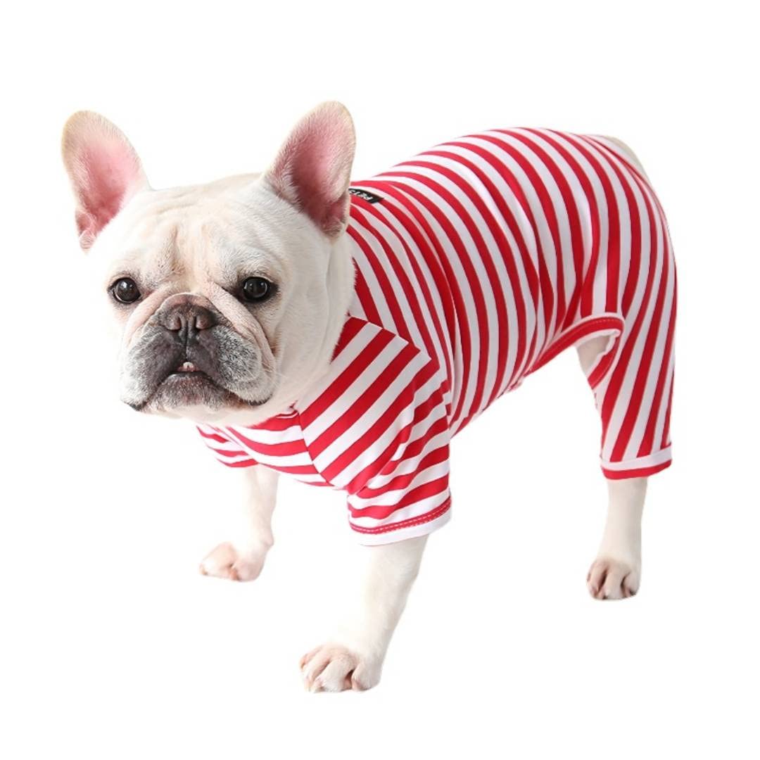 BT Bear Fat Dog Clothes,Dog Classic Striped Pajamas Soft Cotton Jumpsuit Pug French Bulldog Onesies Costume for Cats Puppy Small Medium Dogs(Red,M)