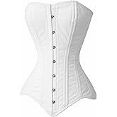 White Overbust Double Steel Boned Corset for Women – 20 Spiral Bones, Lace-Up Back, 7 Busk Closures for Waist Shaping