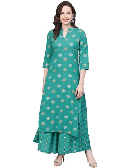 Women's Cotton Gold Printed Kurta with Skirt