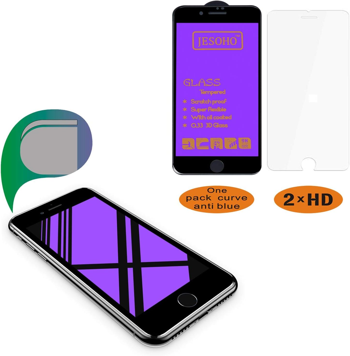 JESOHO Anti Blue Light Screen Protector for iPhone 6/7/8 Black (1+2 Packs), 3D Full Coverage, 3D Touch, Anti Blue Light Filter Film, Anti-Scratches, Anti-Fingerprint Tempered Glass (for iPhone 6/7/8)