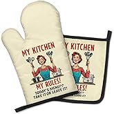 GEYGIE My Kitchenmy Rules Funny Oven Mitts, Today's Menu Take it Or Leave it Pot Holders Set, Retro Housewife Kitchen Gadgets for Women, Birthday Gifts for Housewives, Gifts for Mom Wife Sister BBF