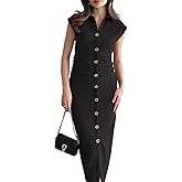 FairBeauty Women’s Casual V Neck Bodycon Ruched Decorative Button Elegant Cap Sleeve Long Dress