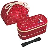 OSK Japanese Traditional Rabbit Moon Bento Box Set, Includes 620ml 2-Tier Bento Box, Chopsticks, Bento Bag, Red