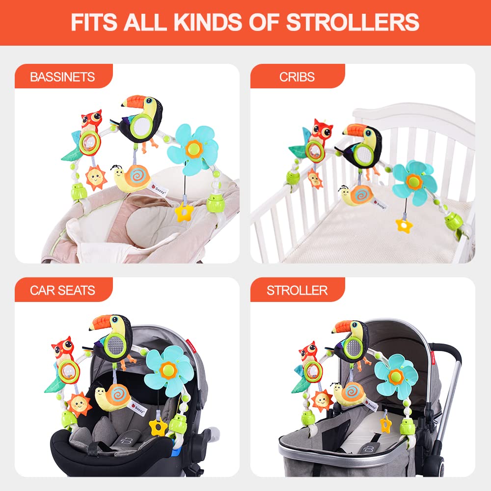 Koty Baby Stroller Arch Toy with Teether, Rattle, Crinkle Sound, Mirror & Music Box, Newborns Sensory Activity Carrier Take-Along Toy, Adjustable for Bouncers, Car Seat & Pram 0M+(Toucan)