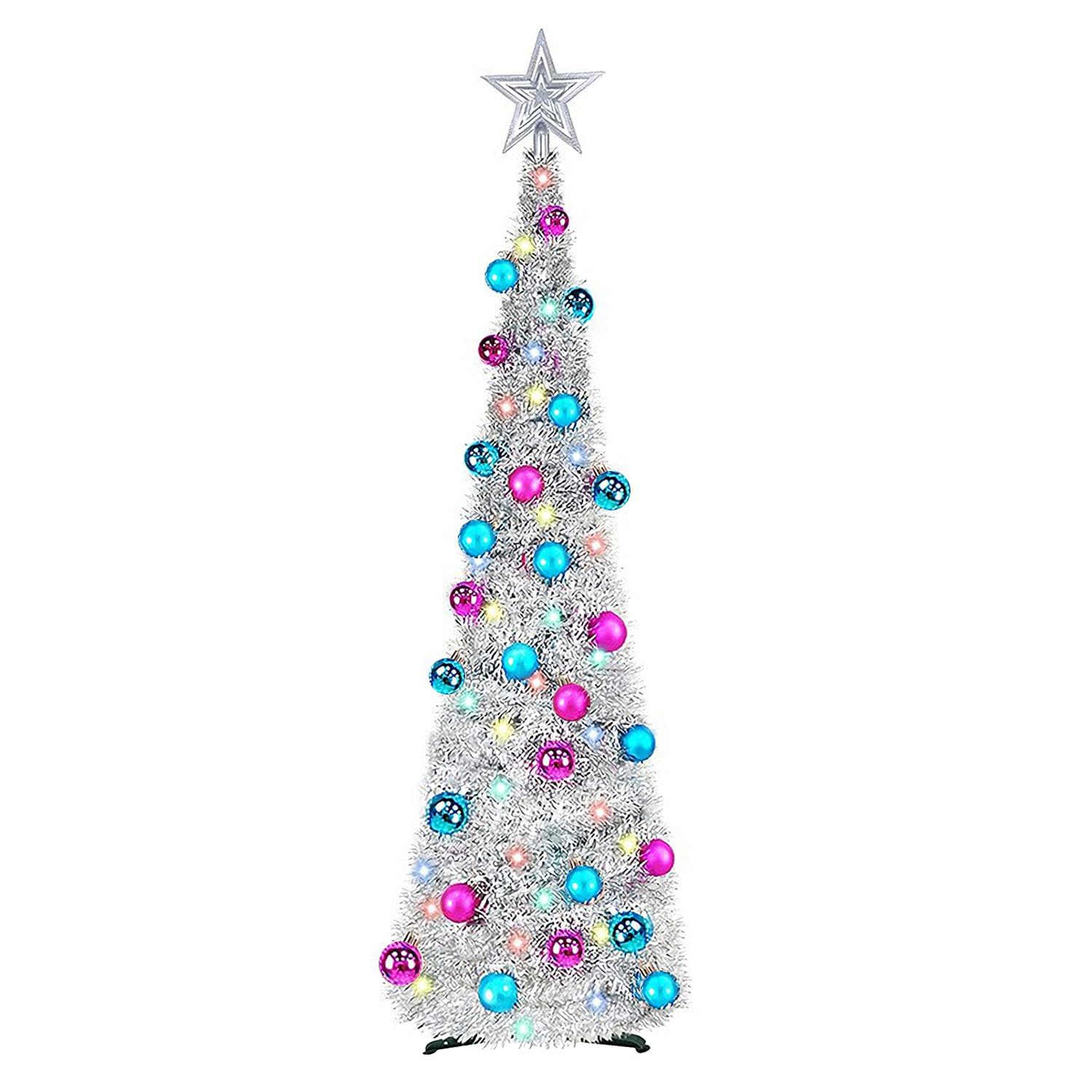 Collapsible Artificial Christmas Tree, 5ft/1.5m Xmas Tinsel Tree with Lights and 30 Color Balls, Pop up Sequins Artificial Tree for Xmas Holiday Party Carnival Decorations (Silver with Balls)