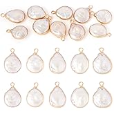FASHEWELRY 10Pcs Cultured Freshwater Pearl Pendants 16-22x13-16mm Flat Round Natural Pearl with Golden Edge Wrapped for Jewelry Making Hole: 1.8mm
