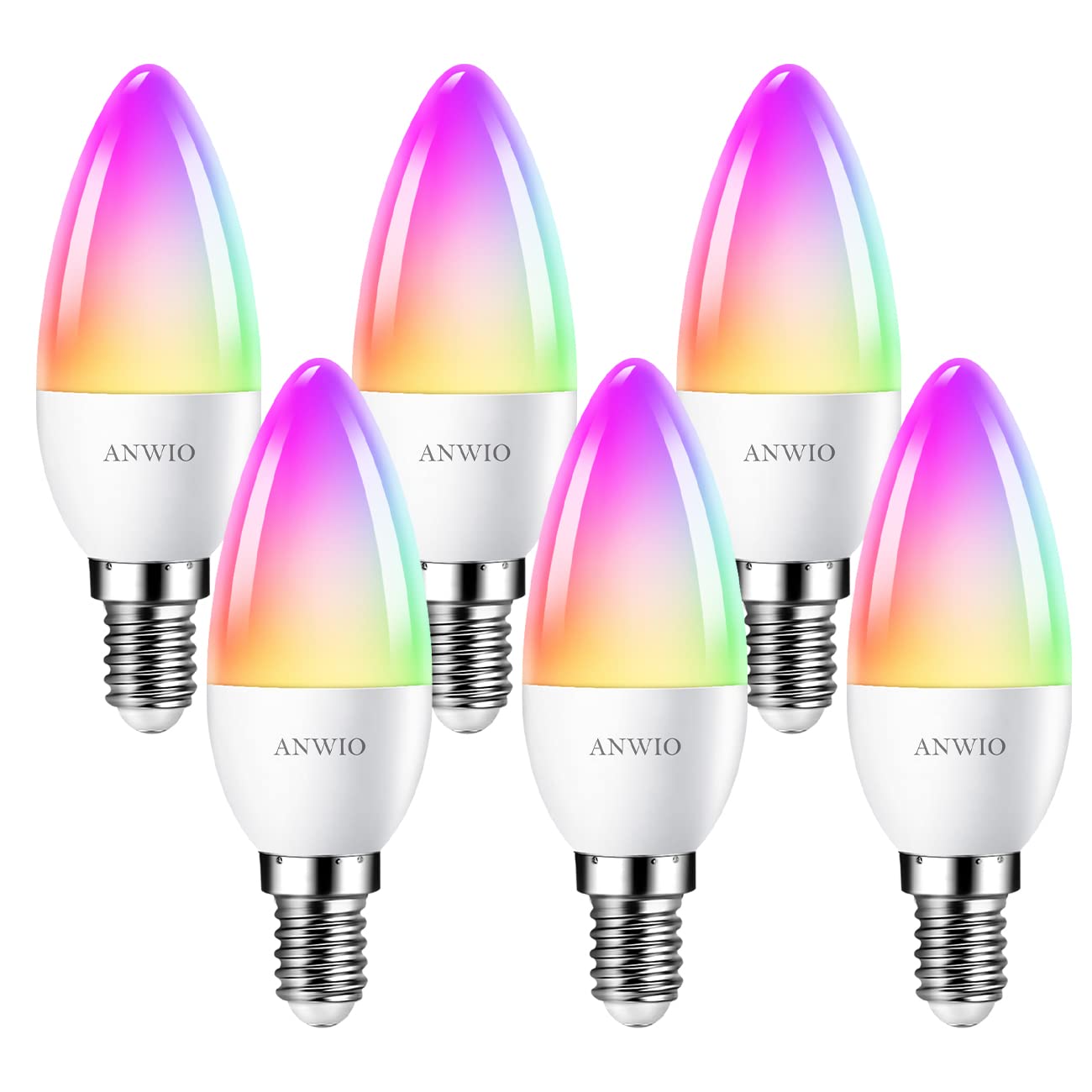 ANWIO Smart Bulb E14,Smart Candle Bulb,470Lm,E14 Alexa Smart Light Bulb,5W Replace 40 Watt Alexa Candle Light Bulb,Light Changing Bulbs,Google Assistant, Remote Control Bulbs (6 Pack)