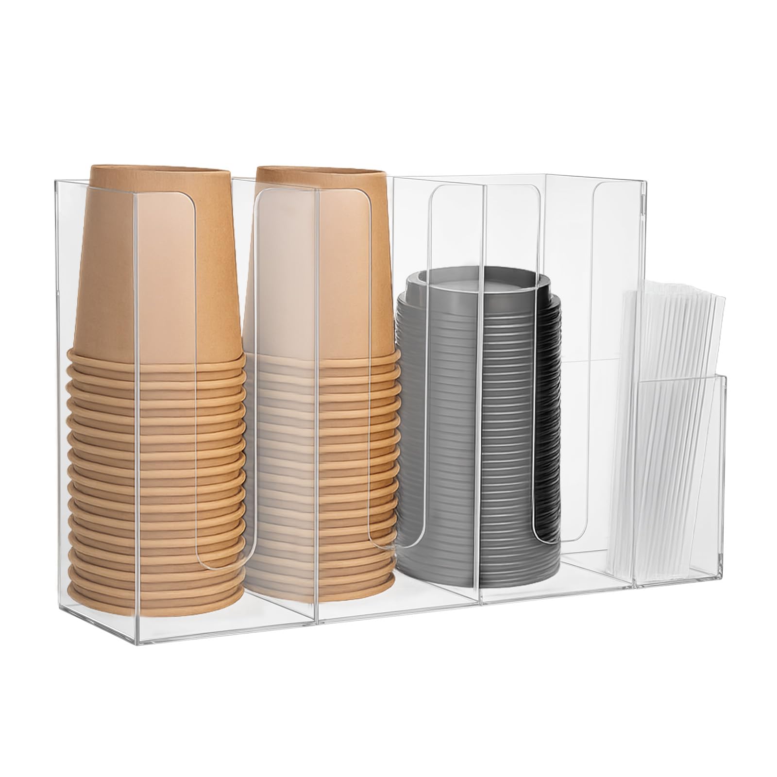 Photo 1 of 1 Pc 4 Compartments Acrylic Coffee Cup and Lid Storage Organizer Holder Disposable Paper Cup Dispenser Organizer Plastic Lid Holder Accessories for Kitchen Bar Shop Party Supplies, Transparent