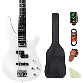 Bullstar Electric Bass Guitar 4 Strings Full-Size Standard Bass PB-Style Beginner Kit Black for Starter with Gig Bag Guitar Strap and Guitar Cable(PJ-White)