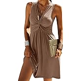 Veatzaer Women's V Neck Front Knotted Sleeveless Tank Dress Summer Solid Casual A Line Dress