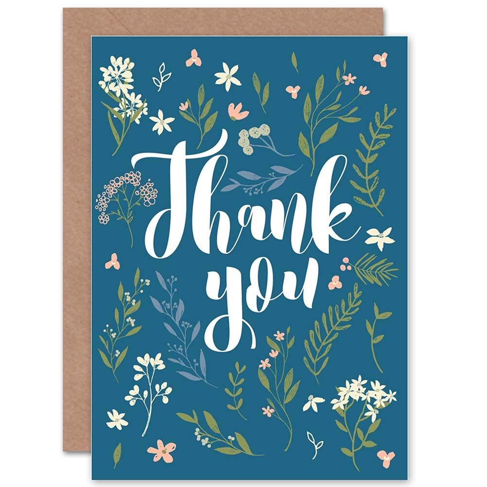 Wee Blue Coo THANK YOU CARD - FLORAL FLOWERS PRETTY TYPOGRAPHY PATTERN BLUE
