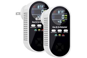 FLUNGSKY 2 Packs Combination Gas & Carbon Monoxide Detectors Plug in, 5-in-1 Natural Gas Detector & Carbon Monoxide Alarm with Temperature (°F) and Humidity, CO Detector with Built-in 9V Battery for Home, RV