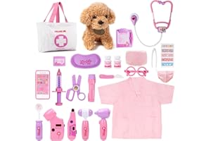 Meland Toy Doctor Kit for Girls, Pretend Play Toy Doctor Set with Dog , Carrying Bag, Stethoscope & Dress Up Costume Gift for Kids Toddlers Ages 3 4 5 6 Year Old for Role Play