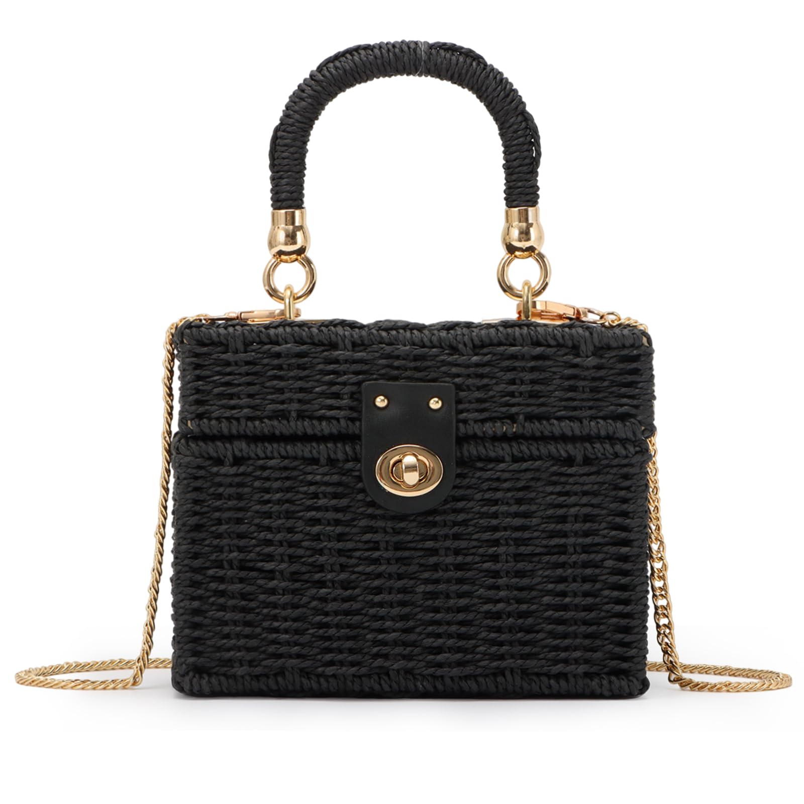 Photo 1 of Fecialy Women Handwoven Rattan Handbag Beach Straw Tote Bag Square Boho Crossbody Bag,Black