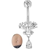 G23 Titanium Dangle Belly Button Ring for Women 14G Internally Threaded Belly Jewelry Dangling Navel Piercing Teardrop Curved Barbell with Butterfly CZ Navel Ring
