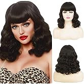 Dai Cloud Women Short Black Finger Wave Wigs with Bangs 1920s Curly Synthetic Flapper Wig Heat Resistant Vintage Halloween Cosplay Costume Hair Wig