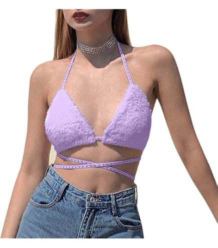 Women Faux Fur Crop Top Triangle Bra Sexy Halter Backless Tank