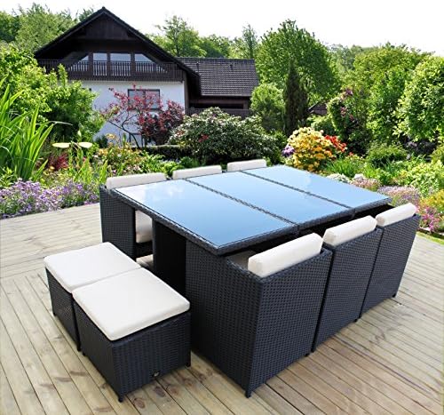 BlackRose 13 Pieces Outdoor Cube Dinning Set - Dining Table set for 12 - Patio Wicker Rattan Furniture Set with Beige Cushion