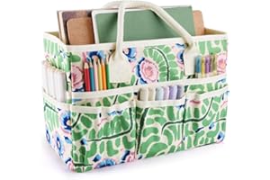 E-WEICHEN Craft Organizer Tote Bag Art Storage Caddy with Multiple Pockets Containers for Art,Craft,and Office Supplies Storage.Green Leaves Flower