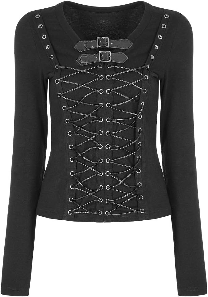 Nite closet Punk Rock Tops for Women Lace Up Long Sleeve Tshirts