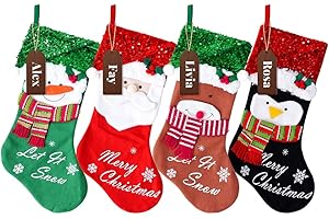 NIBESSER Christmas Stockings Set of 4, 18" Sequins Classic Farmhouse Large Christmas Stockings with 3D Santa, Snowman, Polar Bear, Penguin for Family Holiday Party Christmas Decorations