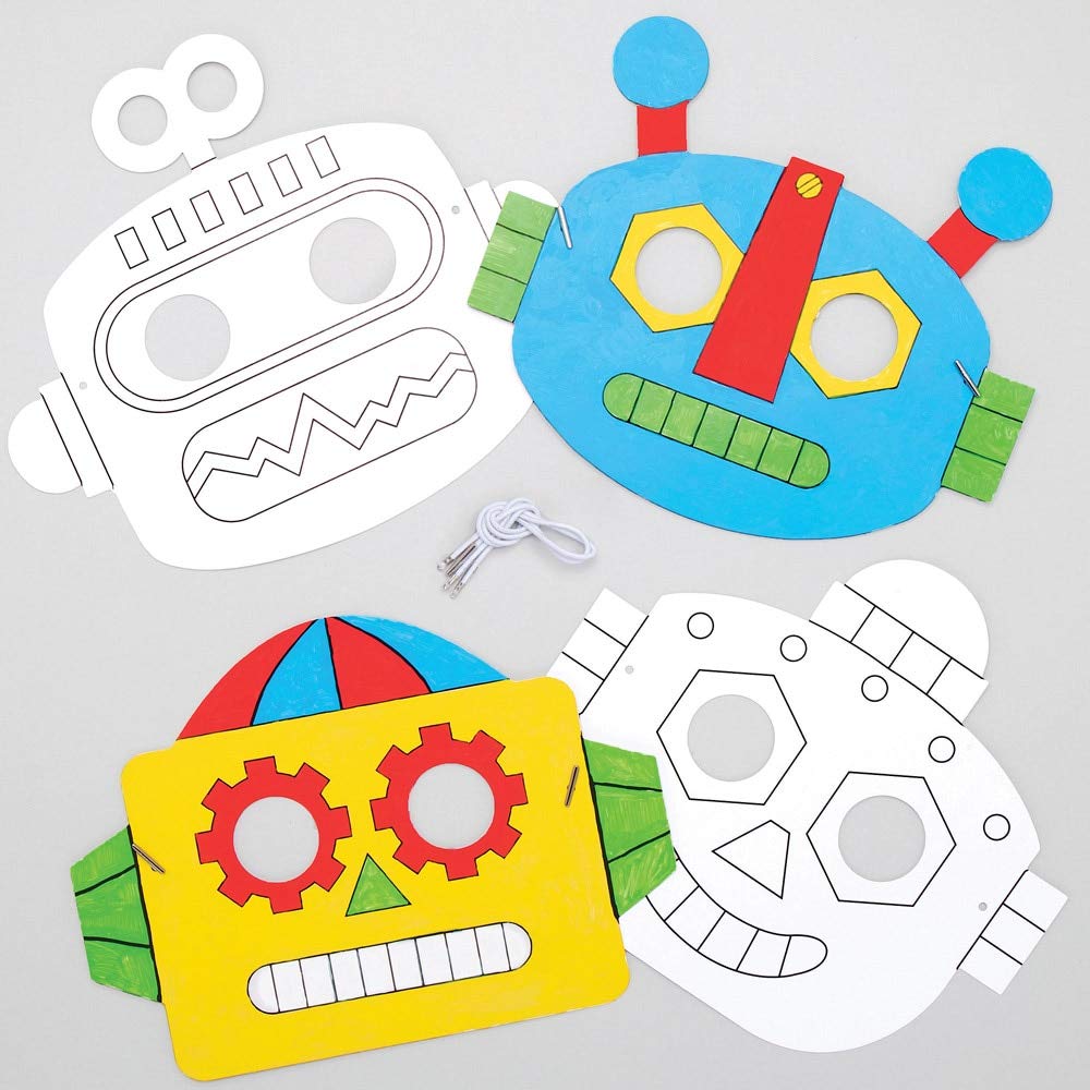 Baker Ross AT679 Colour in Robot Masks - Pack of 8, Arts and Crafts Colouring Kits for Boys and Girls Art Party's, Dress up and Imaginative Play