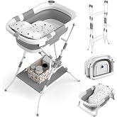 BALLA BALEIN Baby Bathtub with Stand, 2-in-1 Collapsible Bath Tubs for Newborn to Toddler, Infant Bathtub with Folding Stand, Portable Bathtub for Baby Including Soft Cushion, Storage Pad (Gray)