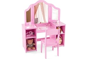 KOTEK Kids Vanity Table and Chair, 2 in 1 Wooden Princess Dressing Desk with Detachable Tri-Folding Mirror & Storage Shelves, Girls Pretend Play Beauty Makeup Vanity for Bedroom (Pink)