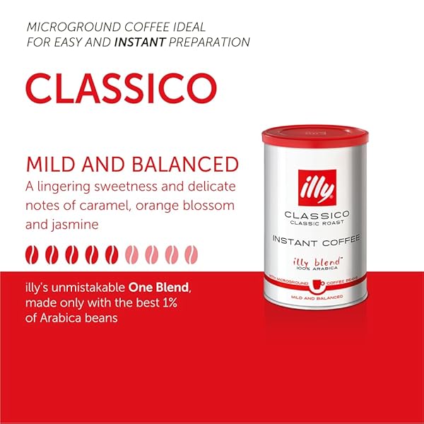 ILLY INSTANT COFFEE- 100% ARABICA COFFEE – CLASSICO MEDIUM ROAST – NOTES OF CARAMEL, ORANGE BLOSSOM & JASMINE – EASY PREPARATION – CONVENIENT COFFEE INSTANT FORMAT – ROASTED IN ITALY – 3.3 OUNCE