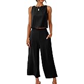 ANRABESS Women's Summer 2 Piece Outfits Sleeveless Crop Top Capri Wide Leg Pants Jumpsuit Linen Lounge Beach Travel Sets