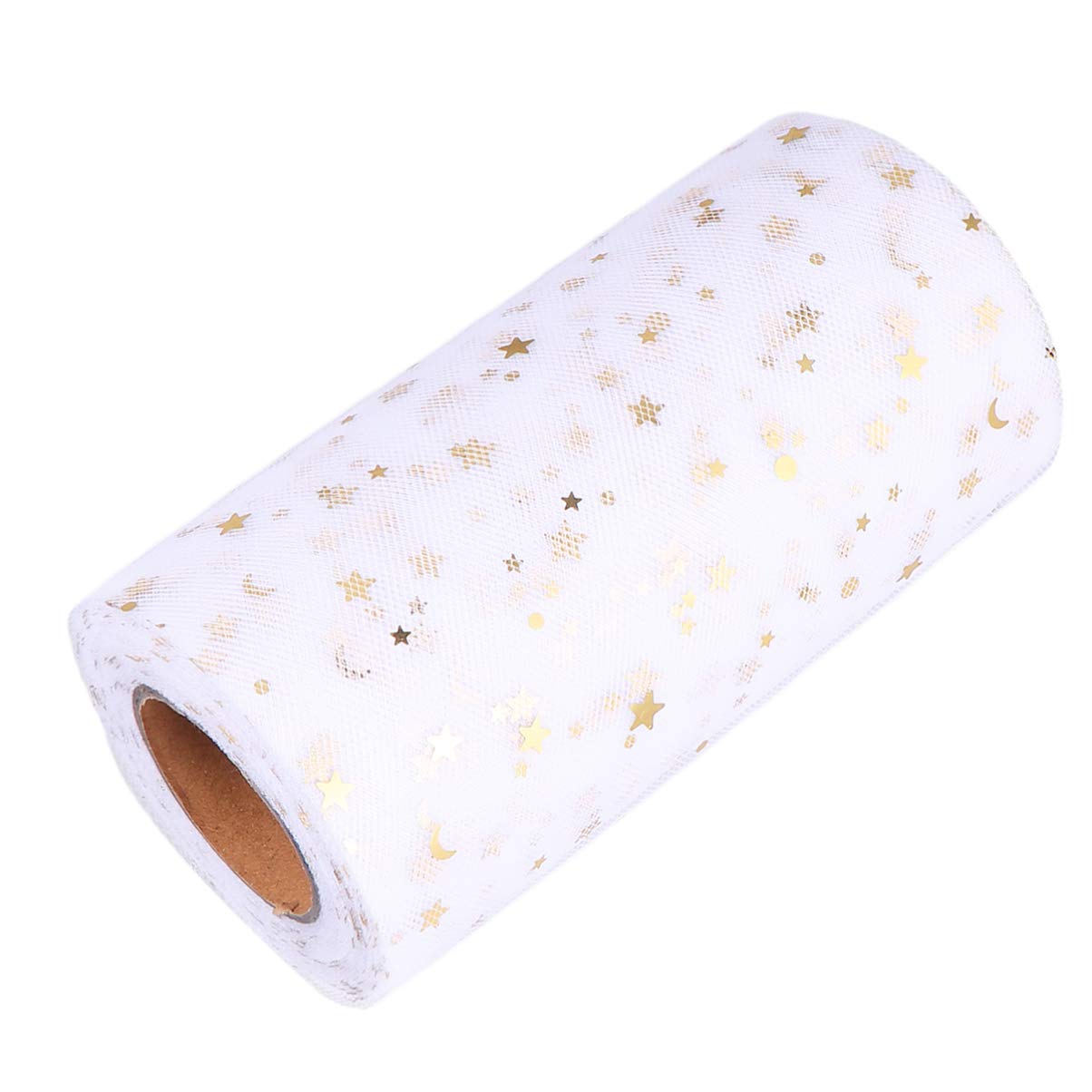 Mesh Ribbon Wide Whimsy Ribbons with Gold Star Moon Pattern DIY Craft Web Ribbon for Wrapping Home Wedding Christmas Cake Decoration 2280x15cm (White)