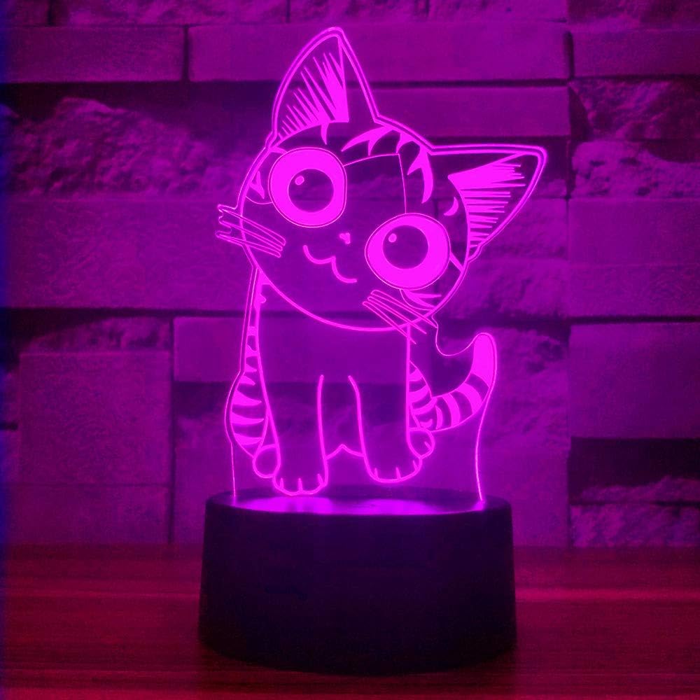 Cherish tea Cat Lamp 3D Illusion Night Lights for Kids - with Smart Touch & USB Cable 7 Colors Cute Kitty NightLights - Cat Lover Gifts for Women Teen Girls Baby Age 2 3 4 5 6 Year Old (Black Base)