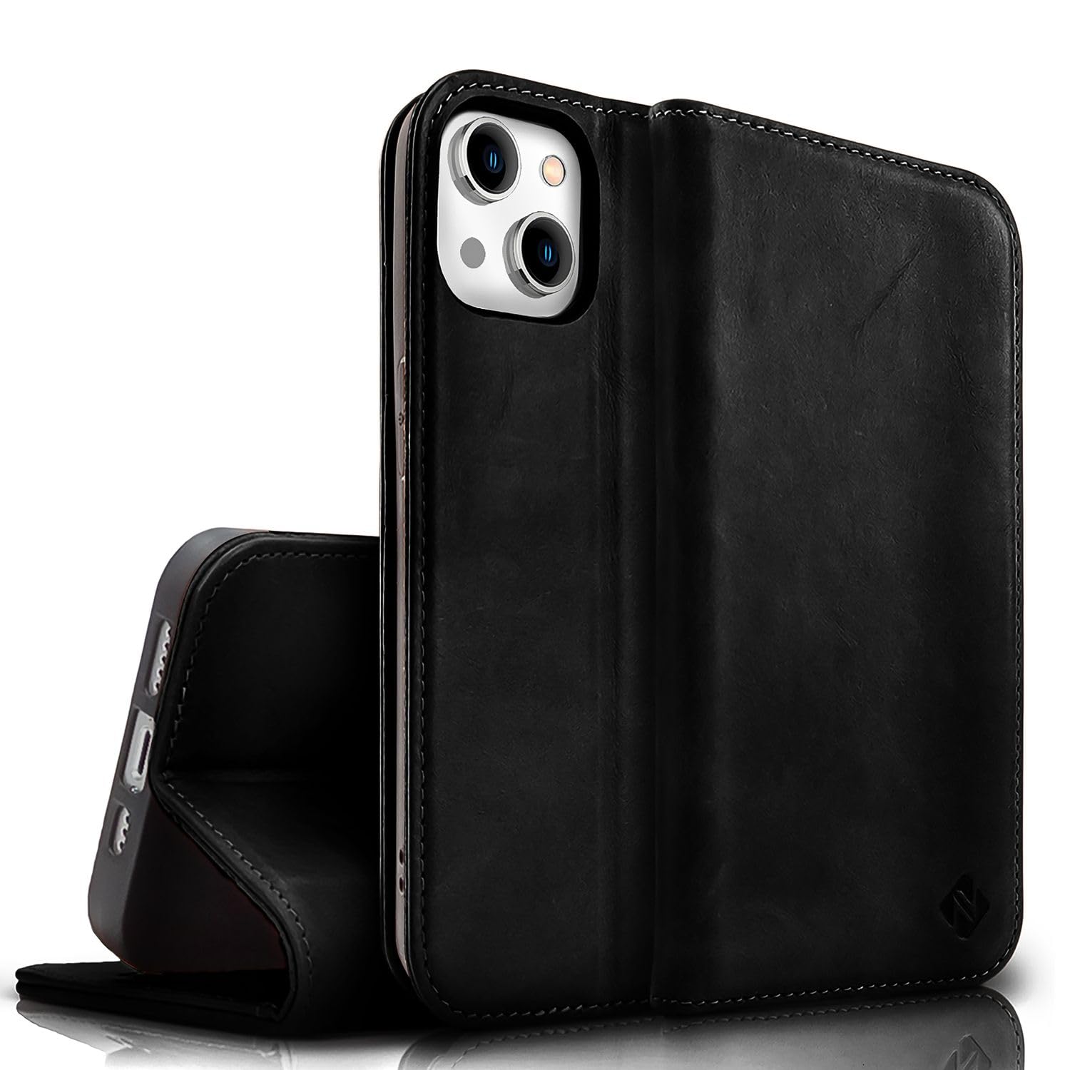 NALIA Genuine Leather Case for iPhone 15 - RFID Wallet & Magnetic Closure - LEVANTO (Handmade Book Cover) - German Brand, Color:Black