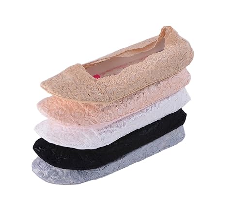 Tuopuda 5 Paar Damen Füßlinge Ballerina Socken Spitzen-Füßlinge Sommer Socken mit Rutschfeste Silikon