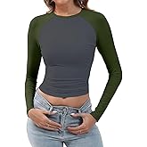 Abardsion Women's Long Sleeve Shirts Y2K Slim Fit Stretchy Slightly Crop Tops