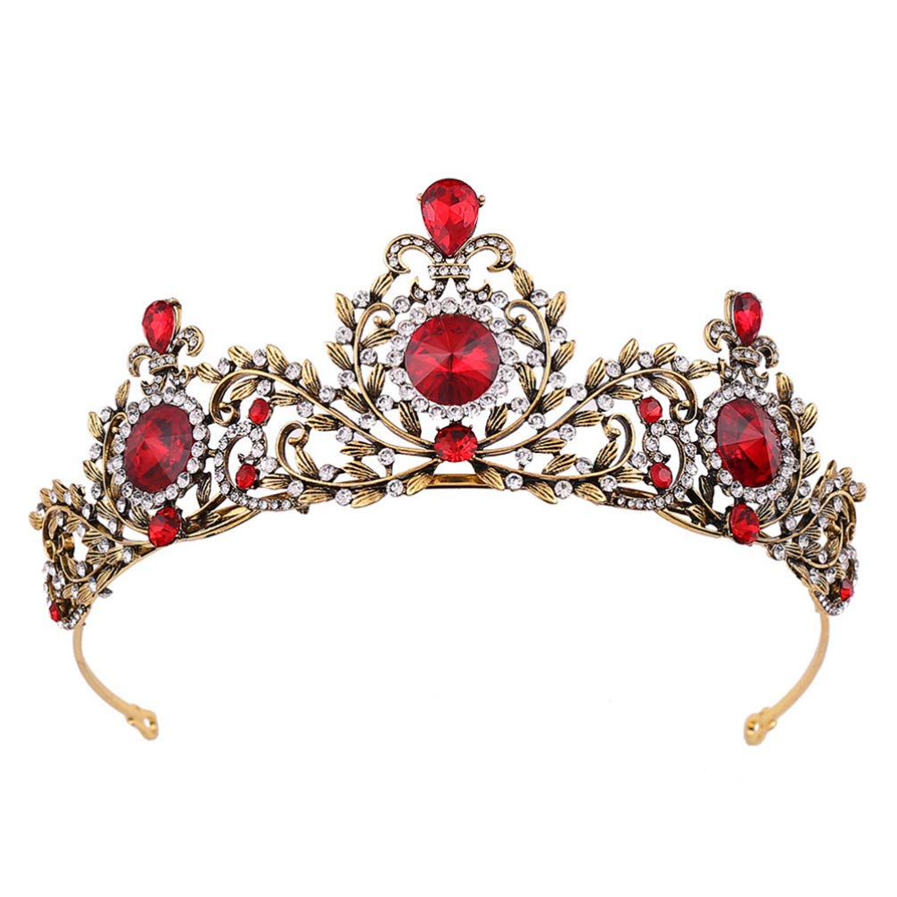Minkissy Bridal Tiara red crown Baroque Crystal red Rhinestone Tiara Vintage Alloy Leaf Inlaid Headdress Hair Hoop Wedding for Bride Woman