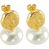 Gold Pearl Earrings for Women - 14K Gold Plated Vintage Statement Pearl Drop Dangle Earrings Fashion Trendy Wedding Jewelry Gifts