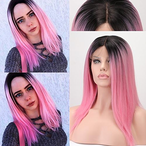 Synthetic Lace Front Wig Pink Ombre Wigs Dark Roots Short Straight Middle Part