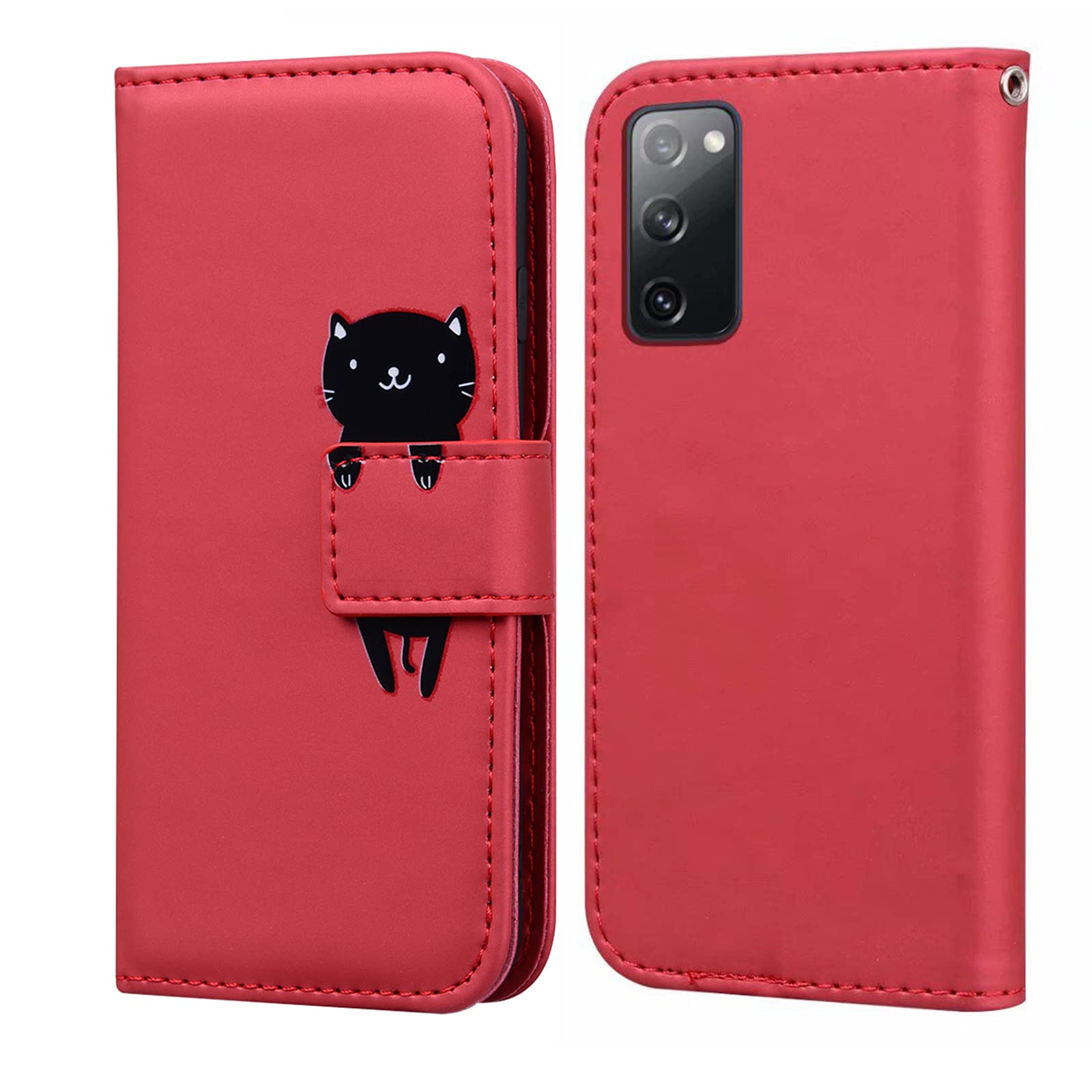 LUKASI for Samsung Galaxy S20 FE 5G Case, Cartoon Pattern Folding Stand PU Leather Wallet Flip Cover with TPU Inner Shell, Card Slots, Magnetic Closure (Samsung Galaxy S20 FE 5G-Red+Cat)