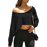 Fisoew Womens Off The Shoulder Cropped Tops Batwing Long Sleeve Loose Fit Summer Boat Neck Workout T Shirts