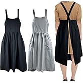 Uaussi Cotton Linen Apron Cross Back Work Apron for Women with Pockets Pinafore Dress X Cross Halter Apron for Chef Gardening