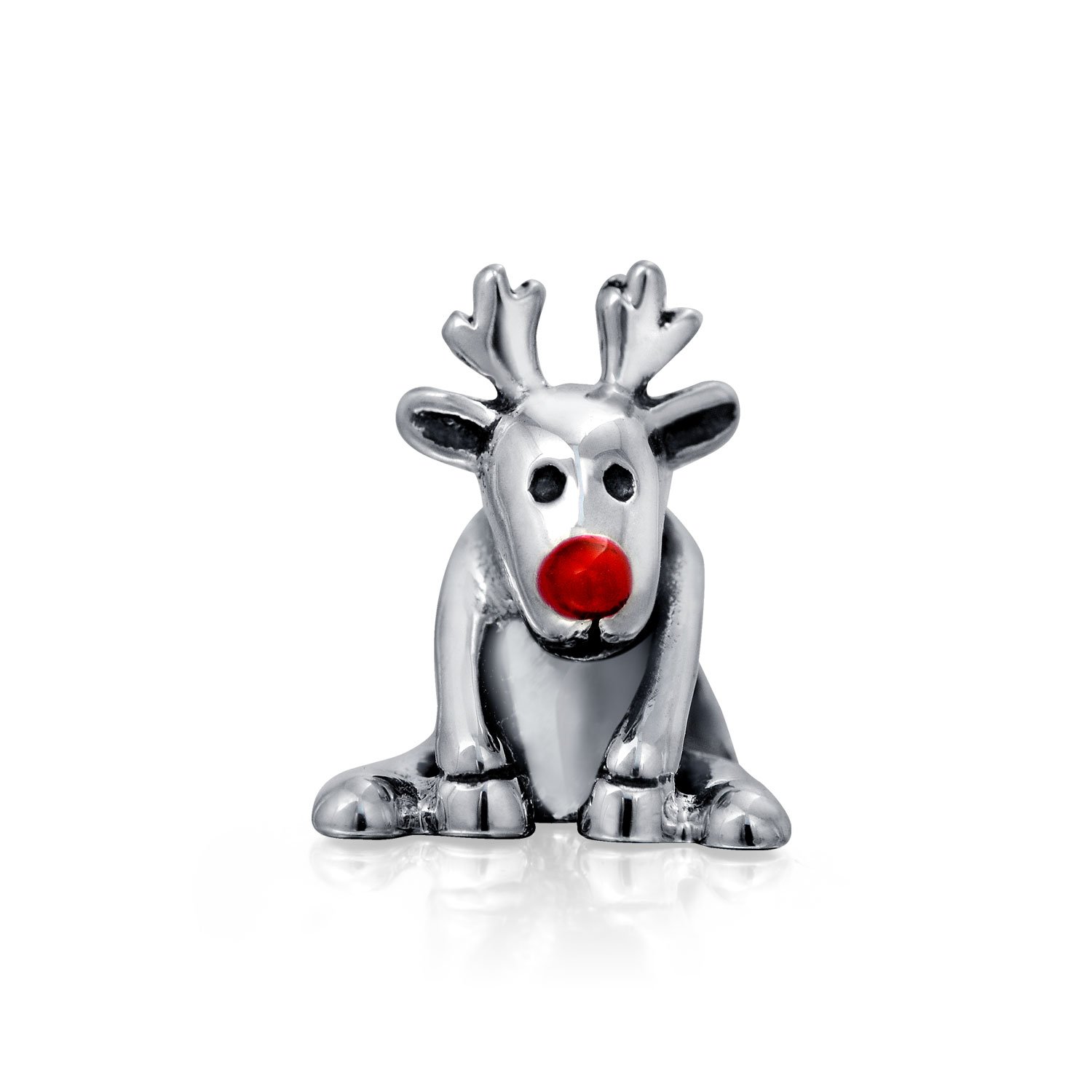 Bling Jewelry Caribou Elk Christmas Holiday Rudolph Red Nose Reindeer Charm Bead For Women For Teen Oxidized .925 Sterling Silver Fits European Bracelet