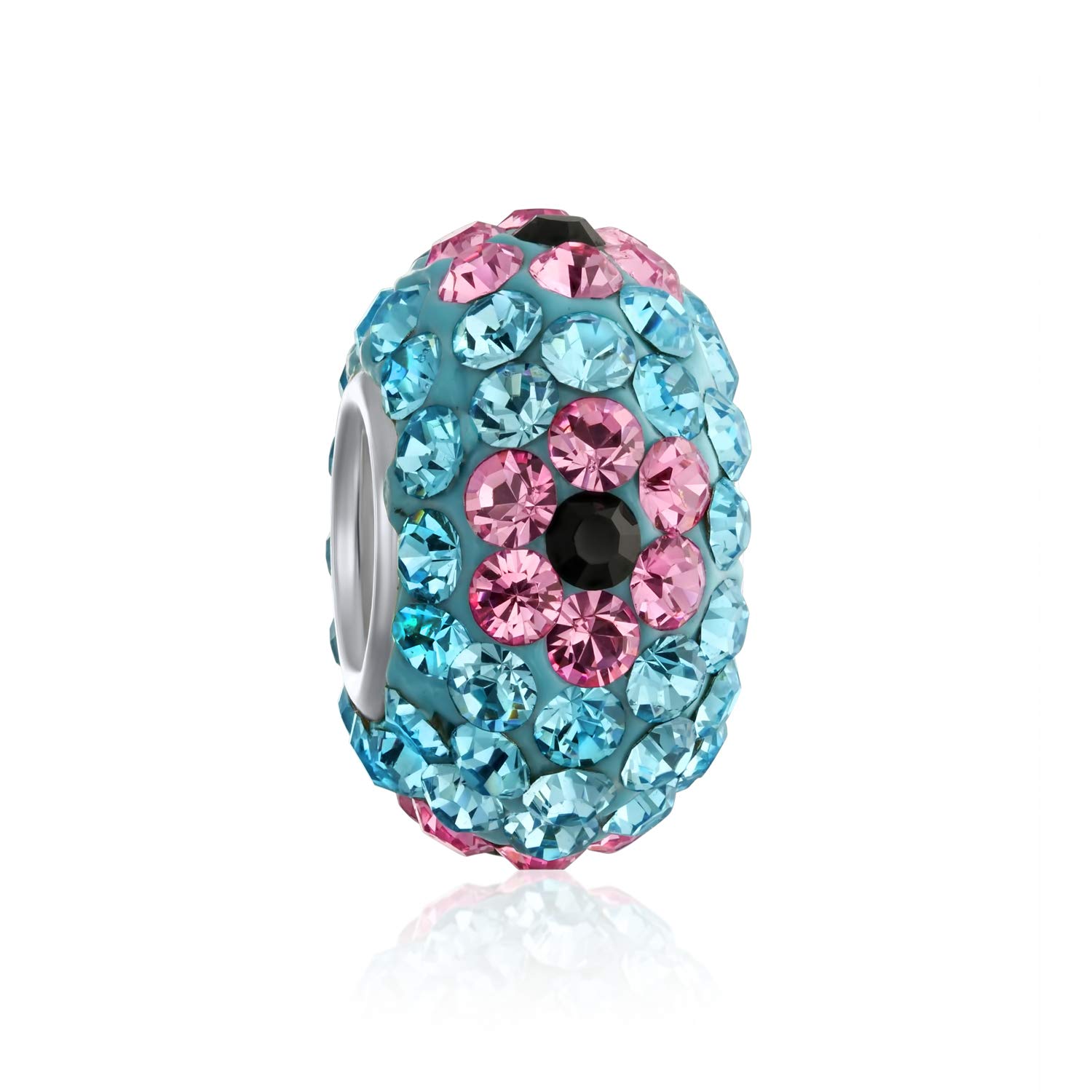 Bling Jewelry Aqua Blue Pink Flower Crystal Spacer Bead Core .925 Sterling Silver Fits European Charm Bracelet Women Teen